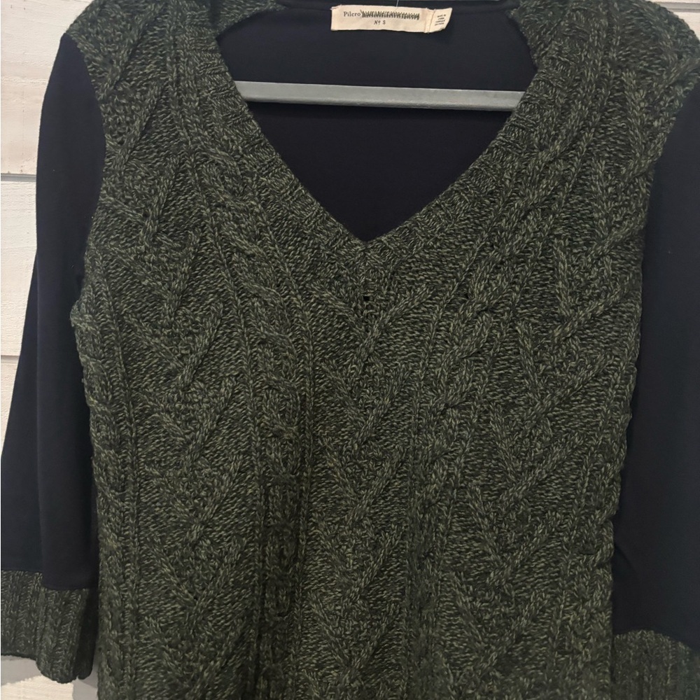 Pilcro and the Letterpress byAnthropology Green/Navy Cable Knit V-Neck Sweater - Picture 7 of 15